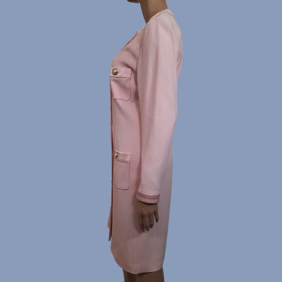 Vintage 80s Albert Nipon Button Front Sheath M Pink Elegant Mid Length Day Dress - Picture 6 of 12